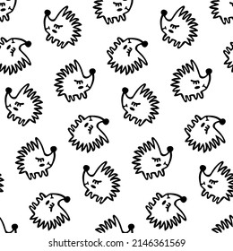 Forest pattern with hand-drawn cute animals - hedgehogs. Seamless wildlife print in doodle style. Black and white contour illustration for design of children's products, textiles. Vector freehand.
