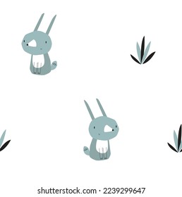 Forest pattern with a hare. Simple seamless scandinavian background. Cartoon rabbit. Forest animal. Fabric, paper, wallpaper