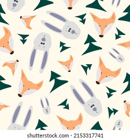 Forest pattern with the image of a fox and a hare