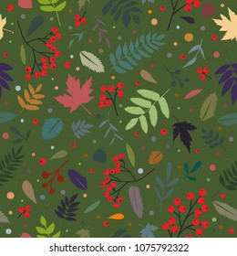 Forest pattern with leaves and rowan berry. Vector flat seamless stylish background for wedding, invitations, textile, wrapping paper