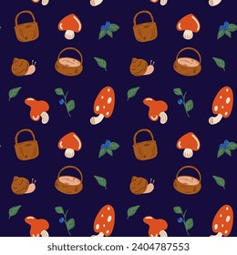 El patrón forestal. Hongos, cestas, arándanos, caracoles, hojas sobre fondo azul
