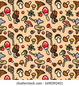 Forest pattern of mushrooms, berries, and plants.