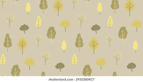 Forest pattern on kraft paper, simple green trees texture, vector illustration.