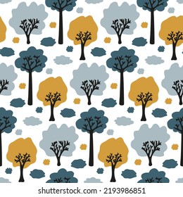 Forest pattern on white background. Freehand trees for children's seamless print. Hand drawn woodland in scandinavian style. Navy, grey, mustard-colored deciduous crown. Black trunk. Kids illustration