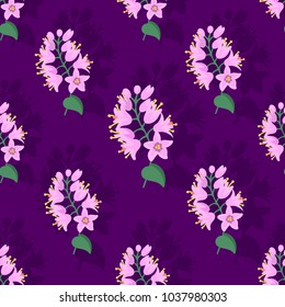 Forest pattern with pink flowers on a purple background. For textiles, paper, Wallpaper, background, cards, greetings, holiday.