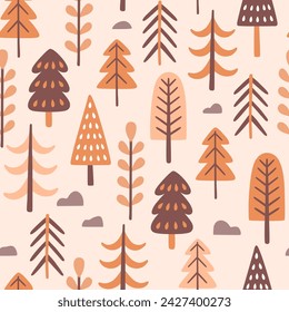 Forest pattern in scandinavian style with warm tones. Cute trees isolated on light peach color background. Seamless Pattern. Vector illustration.