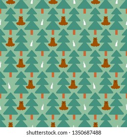 Forest pattern seamless. Bear and Hare. Trees and animals background. Baby Fabric Texture