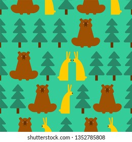 Forest pattern seamless. Bear and Hare. Trees and animals background. Baby Fabric Texture