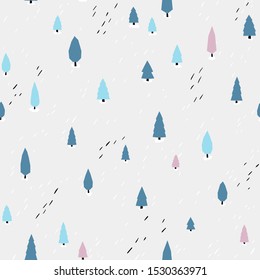 Forest pattern. Vector seamless background in simple scandinavian style. The limited palette is ideal for printing, textiles, wallpaper in the nursery.