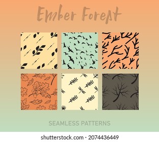 forest patterns, seamless pattern, fabric art, pattern design, vector art, pattern art, packaging artwork, vector packaging pattern, warm colours, seasonal theme