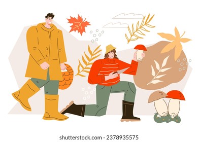 Forest with people hunting mushrooms. Gathering delicious edible fungi concept, flat vector illustration isolated on white background. Autumn forest with people harvest mushrooms.