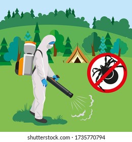 Forest pest control against ticks. The specialist performs sanitary treatment in a special suit and equipment. Stop the tick