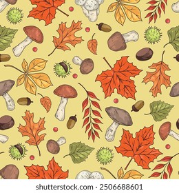 Forest petals pattern seamless colorful with multi-colored twigs and mushrooms near oak and maple leaves vector illustration
