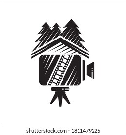 Forest photography expression carried out by combining wood cabin, deep pine forest silhouette and video shooting camera graphic.