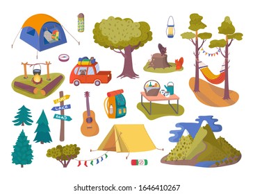 Forest picnic and camping collection set for trip vector illustration. Hiking and trip of camping with travel car, tent in the forest, guitar, trees, backpack and bonfire, picnic camp food.