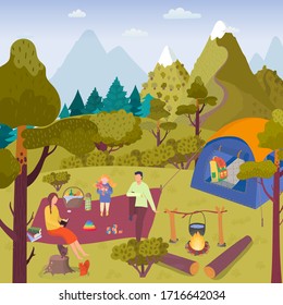 Ilustración vectorial de camping de picnic forestal. Turistas familiares descansando al aire libre. Comida cocinada en llamas, actividad al aire libre juntos. Mochila en la tienda. Mujer, hombre, personaje de chica se divierten.