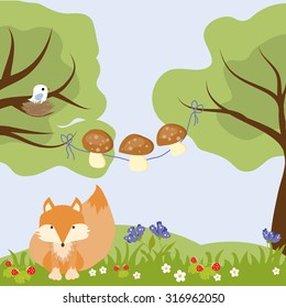Forest picture with a baby fox fruits flowers mushrooms bird and trees