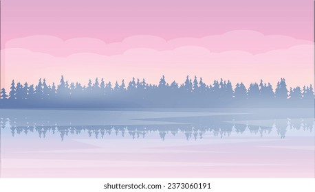 Forest and Picturesque Lake at Sunrise. Beautiful morning scenery vector illustration