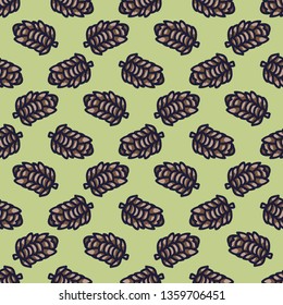 Forest pine cone cartoon seamless vector pattern. Hand drawn woods plant tile. All over print for autumn nature blog, green graphic, woodland home decor.