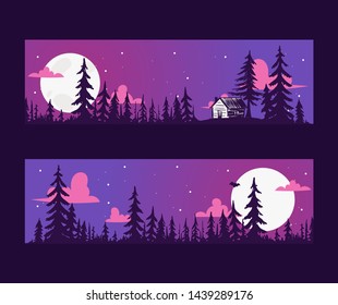 Forest pine tree banner with night scene vector evergreen natural silhouette company. Forest treetop nature wood background. Vintage hand drawing natural wild plant park.
