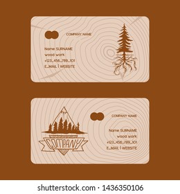 Forest pine tree business card badge vector evergreen natural silhouette company. Forest treetop nature wood background. Vintage hand drawing natural landscape, wild plant park.