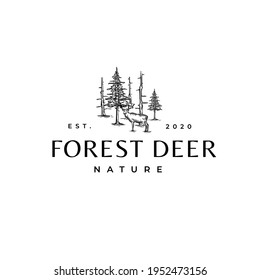 Forest Pine Tree With Deer Drawing Logo Illustration Template Vector Icon