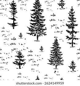 Bosque, bosquejos de pinos, patrón sin fisuras, ilustración doodle, Vector, dibujado a mano, monocromo
