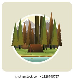 Forest Pine Wood Camping Beside Lake On Circle Badge