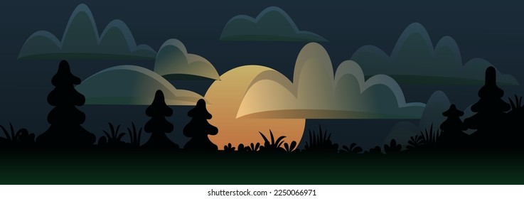 Forest with pines and firs silhouette. Nature landscape silhouette. Big bright moon in dark night sky. View of plants. Cartoon fun style. Flat design. Vector