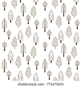 Forest pines seamless vector pattern. Hand drawn winter background christmas trees in doodle style. Botanic design texture in colors of brown and white