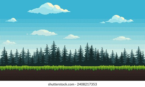 Forest pixel background. 2d pixel video game daytime with green grass, fir trees and clouds. Nature seamless landscape vector illustration.