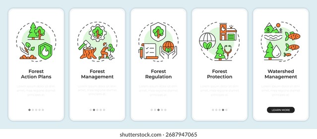 Forest planning onboarding mobile app screen. Policy regulation. Walkthrough 5 steps editable graphic instructions with linear concepts. UI, UX, GUI