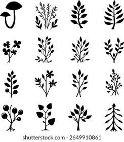 Forest Plant Silhouettes Set 16 Woodland Element Vector Icons