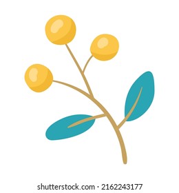 Forest plant with yellow berries and leaves, cartoon illustration isolated on white background