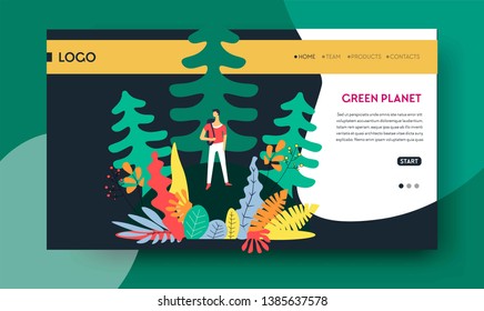 Forest plantation green planet web page template vector fir and spruces man with backpack ecology and environment saving and protection clean air wild nature safety deforestation prevention site
