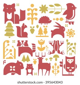 Forest Plants And Animals Set Of Isolated Images Flat Vector Modern Style Design Wallpaper