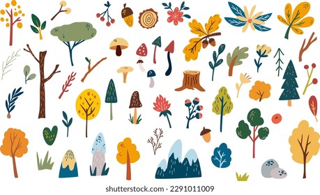 Colección de plantas forestales. Conjunto botánico salvaje. Árboles frutales dibujados a mano, hierbas, setas, flores, ramas, bayas, hojas. Coníferas y deciduas. Ilustración de dibujos animados.