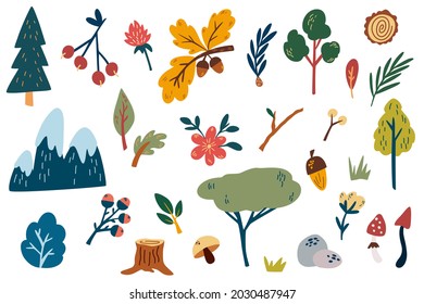 Forest plants elements. Hand draw Flowers, mountains, woodland trees, hemp, leaves, herbs, berries and mushrooms. Wild botanical set. Scandinavian style vector cartoon illustration isolated. 