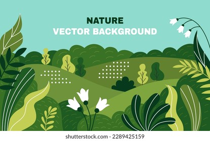 Forest plants. Minimal green trees, flowers and leaves, garden poster with gradation in ecosystem, gradients. Abstract graphic spring or summer backdrop. Banner template. Vector tidy background