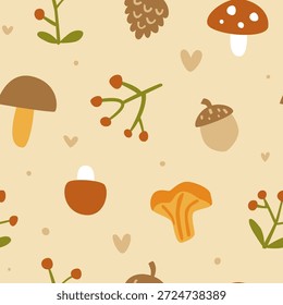 Patrón de plantas forestales. Estampado de Vector sin costuras beige con setas y bayas.
