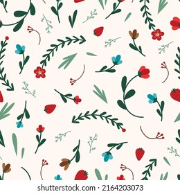 Forest plants seamless pattern. Flowers, branch and strawberry. Abstract autumn stylish fabric design print. Decorative floral doodle vector background