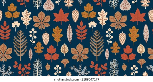 Forest plants seamless vector pattern. Fall background for fabric, wrapping paper, wallpaper