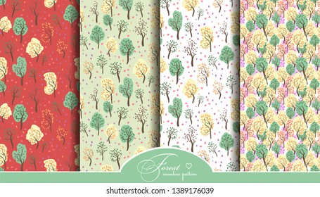 Forest, plants, trees - seamless patterns. Stylish hand-drawn illustration. Set collection wallpaper, wrapping paper. Eco green vector background. Nature ecology wrap cover patterns.