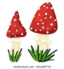 Forest poisonous mushrooms. Hand drawn vector illustration. Colored cartoon doodle of fall harvest. Single autumn drawing isolated on white. Element for design, print, sticker, card, decor, wrap.