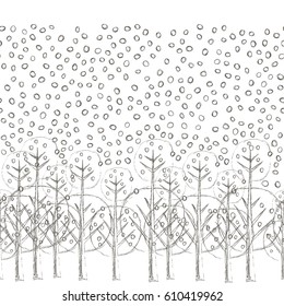 Forest and polka dot snow seamless pattern vector. Doodle monochrome trees wallparer, pencil drawing. Childish  repeat woods sketch.