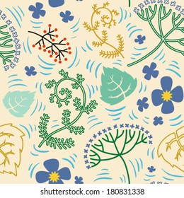 Forest pond. Botanical vector seamless pattern.