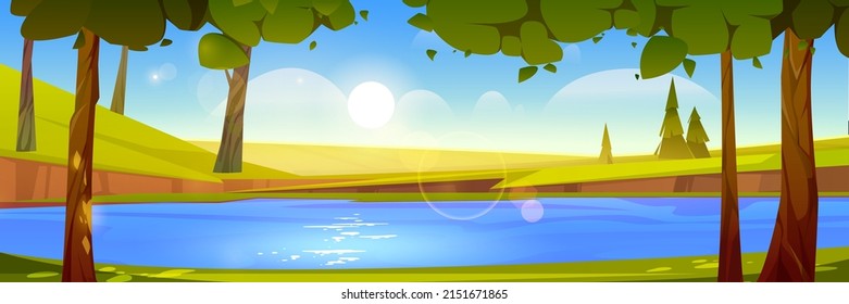 Forest pond nature landscape, calm lake, pond, river or creek flow under green trees and grassy shore. Wild beautiful scenery view, summer wood at day time cartoon background, Vector illustration