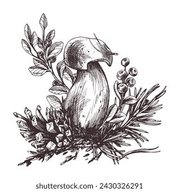Forest porcini mushroom with larch, lingonberry, moss and cone. Graphic botanical illustration hand drawn in brown ink. For recipes, packaging, autumn festival, harvest. Isolated composition.