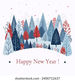 Forest postcard. Colorful and creative vector illustration of forest with text "Happt New Year".Winter holidays, Christmas concept, Love. Hand drawing