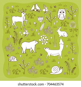 Forest poster with cute bear, fox, hedgehog, birds, bees, butterflies, mushrooms, owl, snail, deer, hear, and flowers in cartoon style
